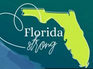 The state of Florida in lime green with a drawn heart and the words Florida Strong below the Panhandle