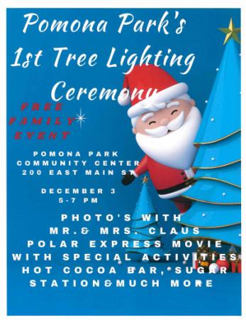 Pomona Park's Tree Lighting Ceremony Flyer with Santa Claus peaking out from behind a blue tree on a blue background